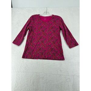 White Stag Top Womens S 4-6 3/4 Sleeve Fuchsia Pink Paisley Cotton WL49124P